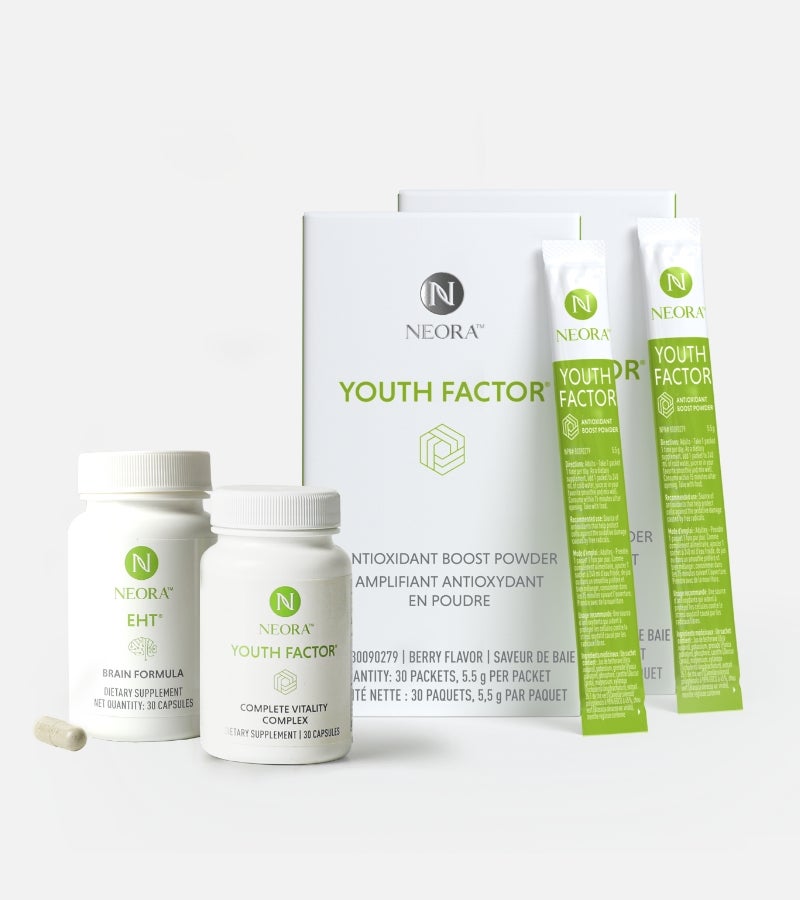 A group shot of Neora products featured in the NeoraFit Essentials Pack.